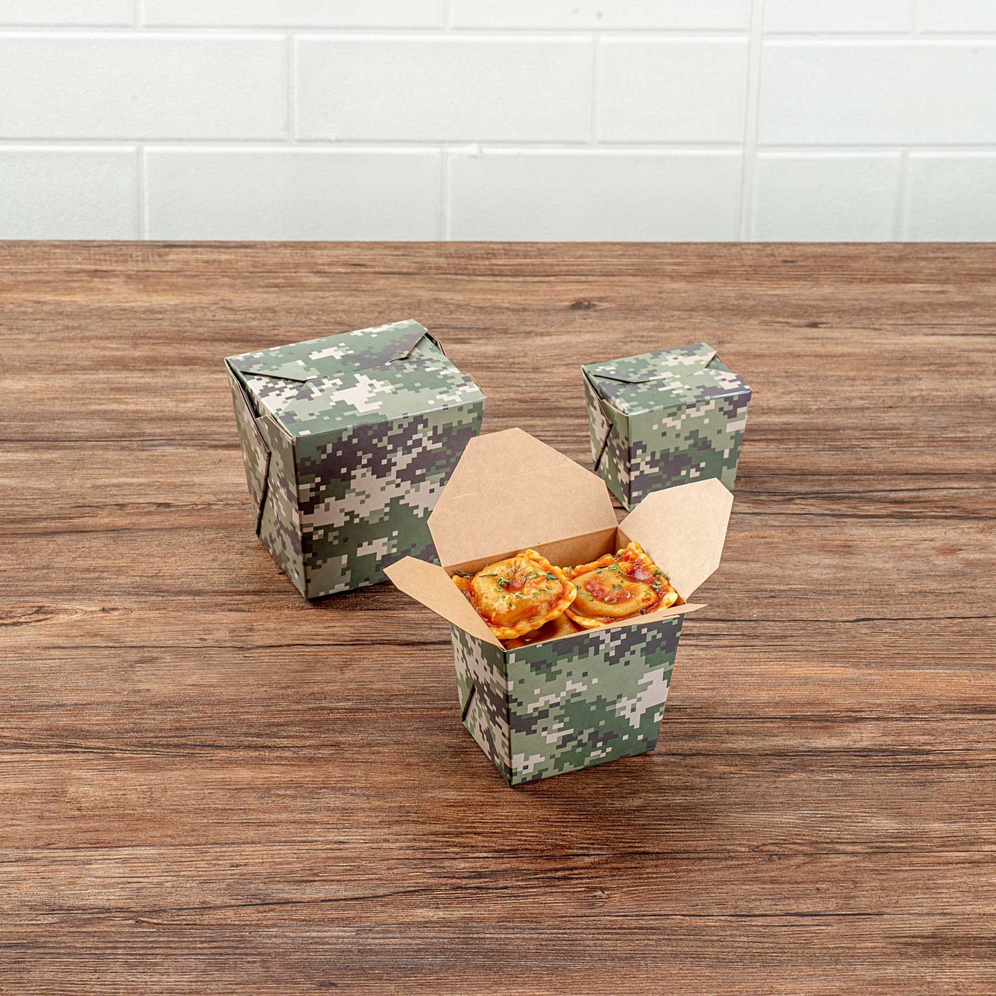 Bio Tek 16 oz Square Camouflage Paper Noodle Take Out Container - 3 1/2" x 3" x 3 1/4" - 50 count box