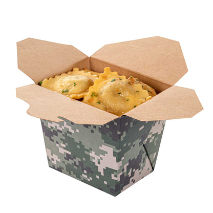 Bio Tek 16 oz Square Camouflage Paper Noodle Take Out Container - 3 1/2" x 3" x 3 1/4" - 200 count box