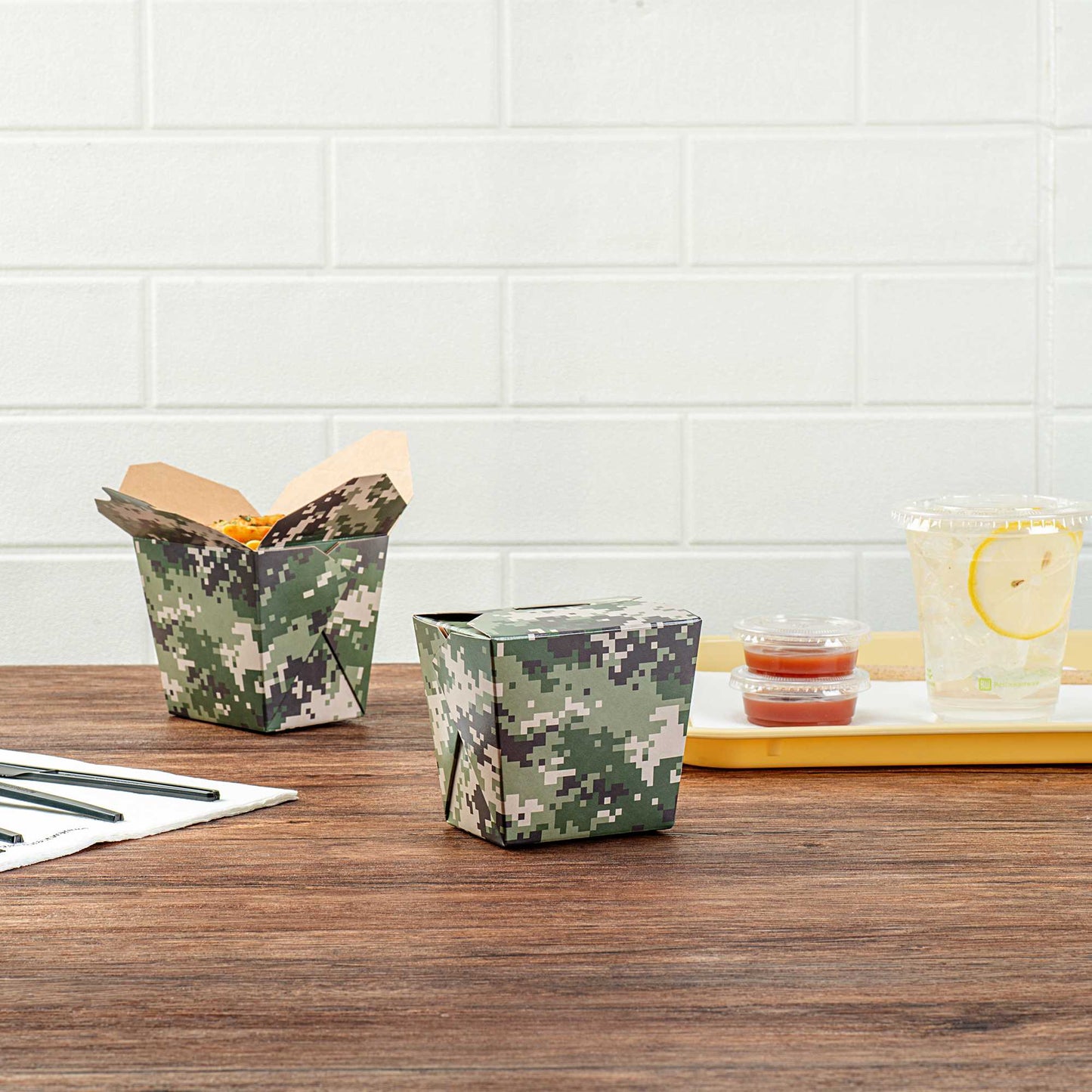 Bio Tek 16 oz Square Camouflage Paper Noodle Take Out Container - 3 1/2" x 3" x 3 1/4" - 200 count box