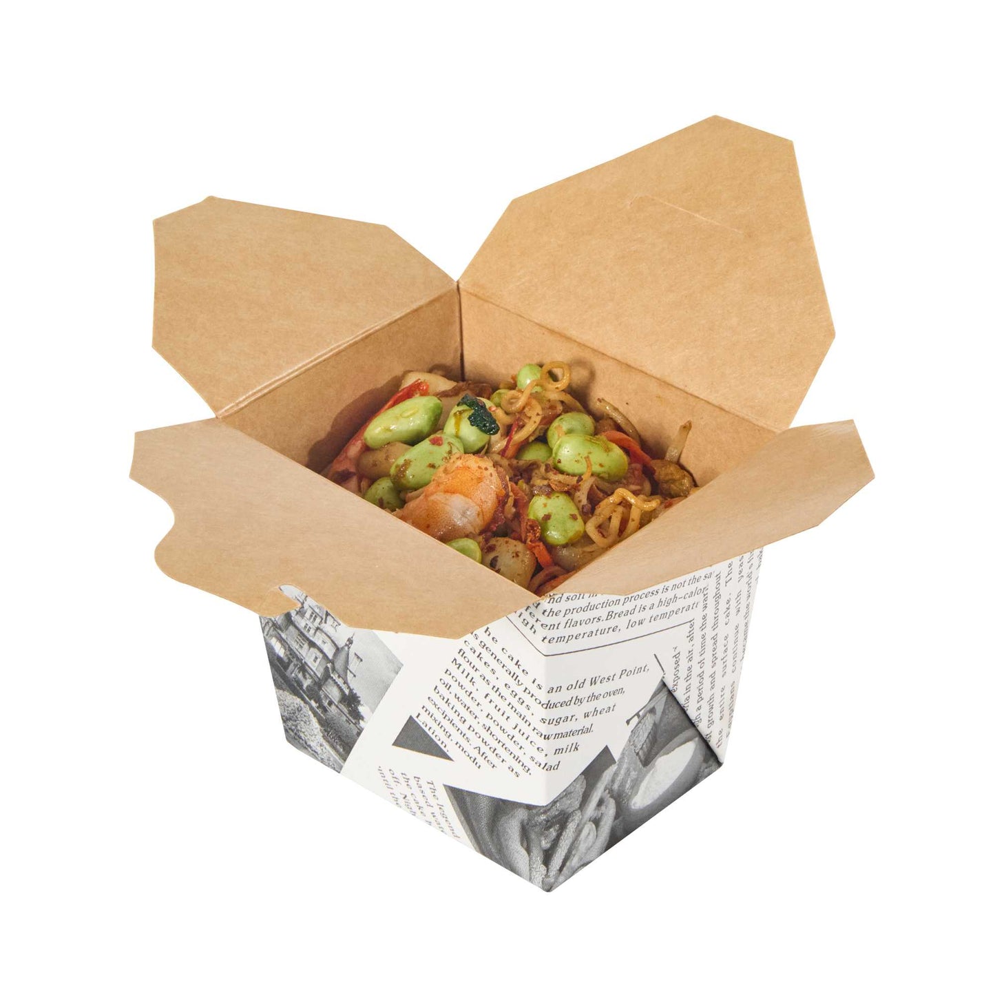 Bio Tek 16 oz Square Newsprint Paper Noodle Take Out Container - 3 1/2" x 3" x 3 1/4" - 25 count box