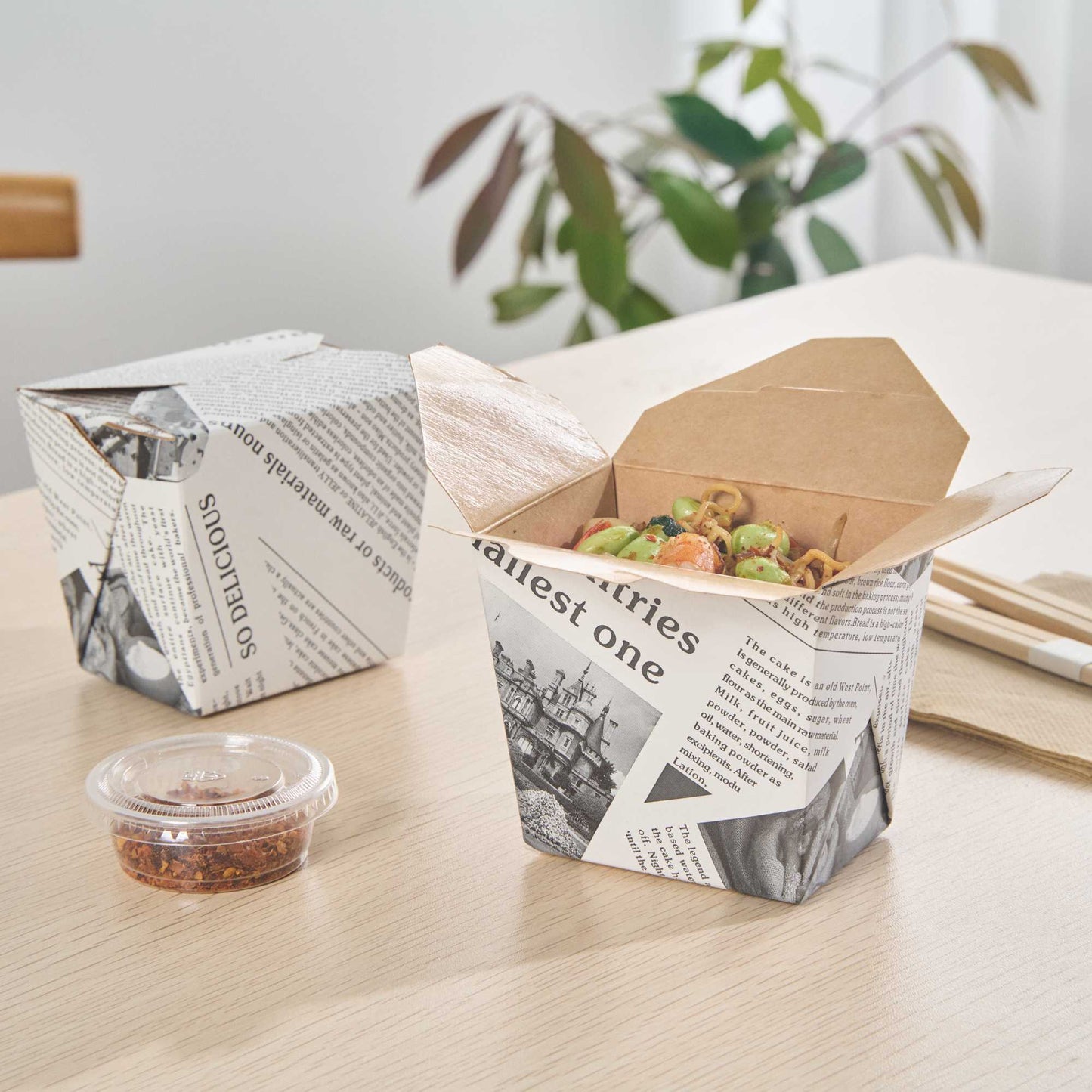 Bio Tek 16 oz Square Newsprint Paper Noodle Take Out Container - 3 1/2" x 3" x 3 1/4" - 25 count box