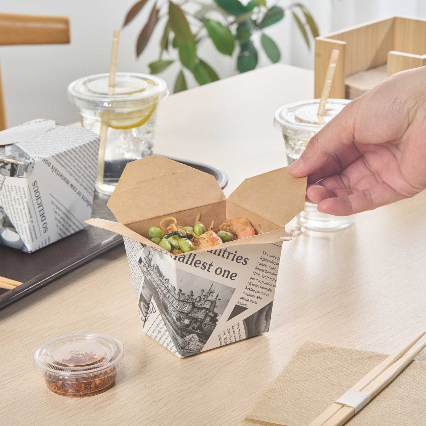 Bio Tek 16 oz Square Newsprint Paper Noodle Take Out Container - 3 1/2" x 3" x 3 1/4" - 25 count box