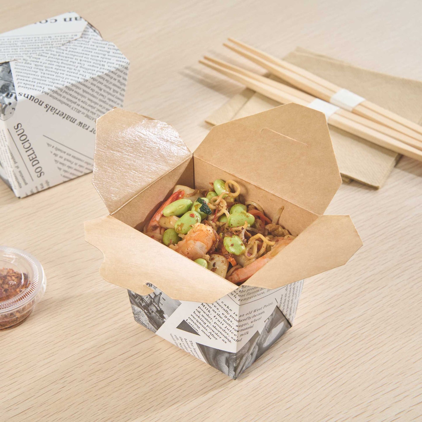 Bio Tek 16 oz Square Newsprint Paper Noodle Take Out Container - 3 1/2" x 3" x 3 1/4" - 25 count box