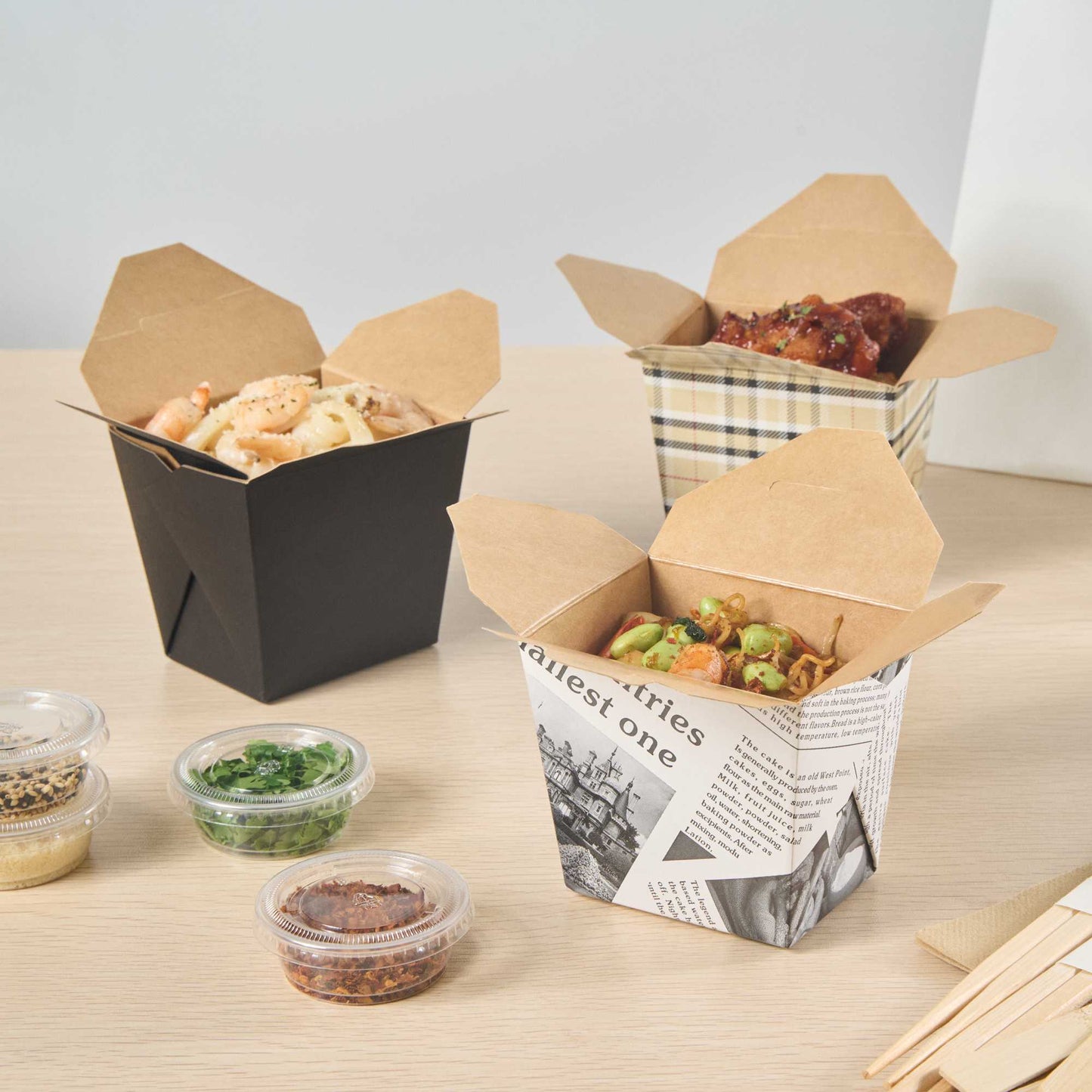 Bio Tek 16 oz Square Newsprint Paper Noodle Take Out Container - 3 1/2" x 3" x 3 1/4" - 25 count box