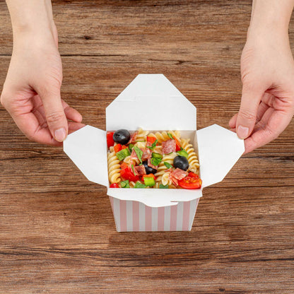 Bio Tek 16 oz Square Pink and White Stripe Paper Noodle Take Out Container - 3 1/2" x 3" x 3 1/4" - 200 count box