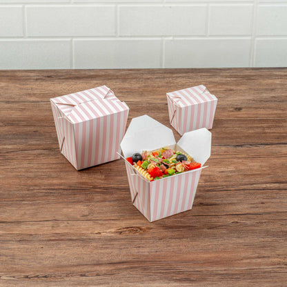Bio Tek 16 oz Square Pink and White Stripe Paper Noodle Take Out Container - 3 1/2" x 3" x 3 1/4" - 200 count box