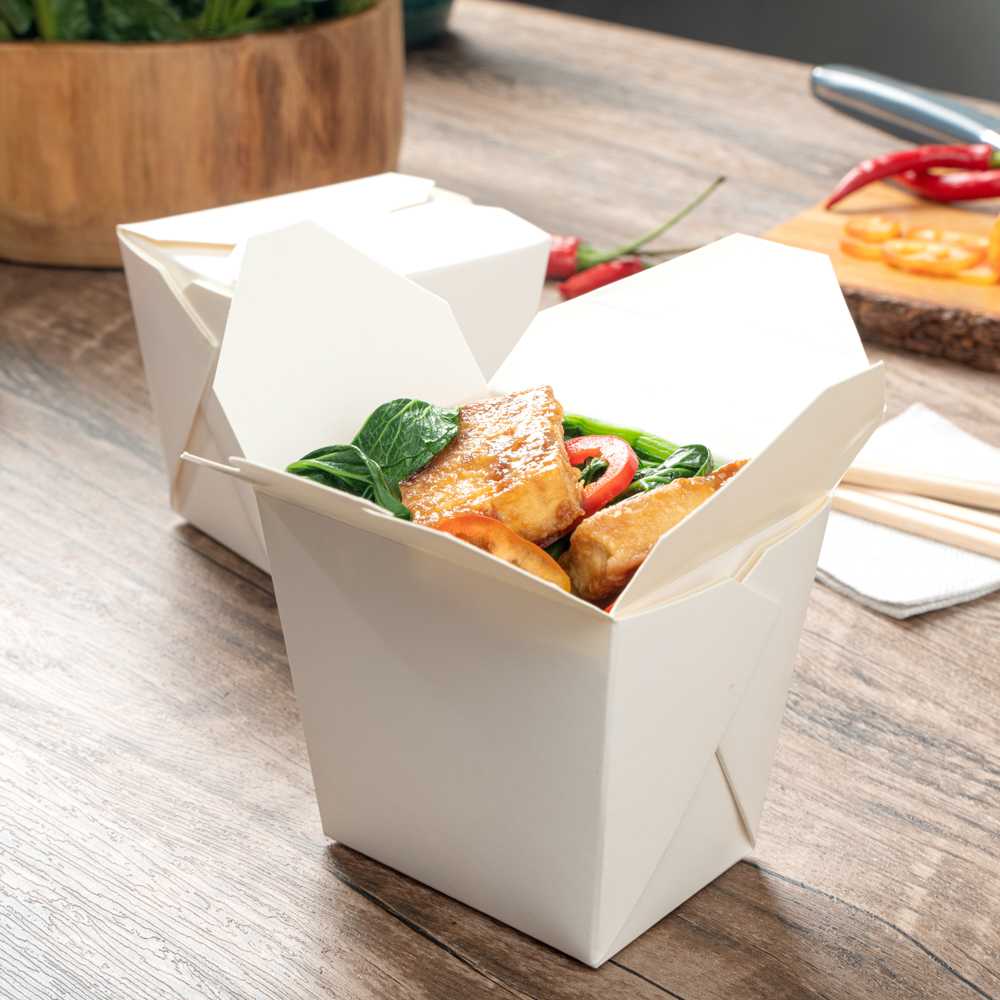Bio Tek 16 oz Square White Paper Noodle Take Out Container - 3 1/2" x 3" x 3 1/4" - 25 count box
