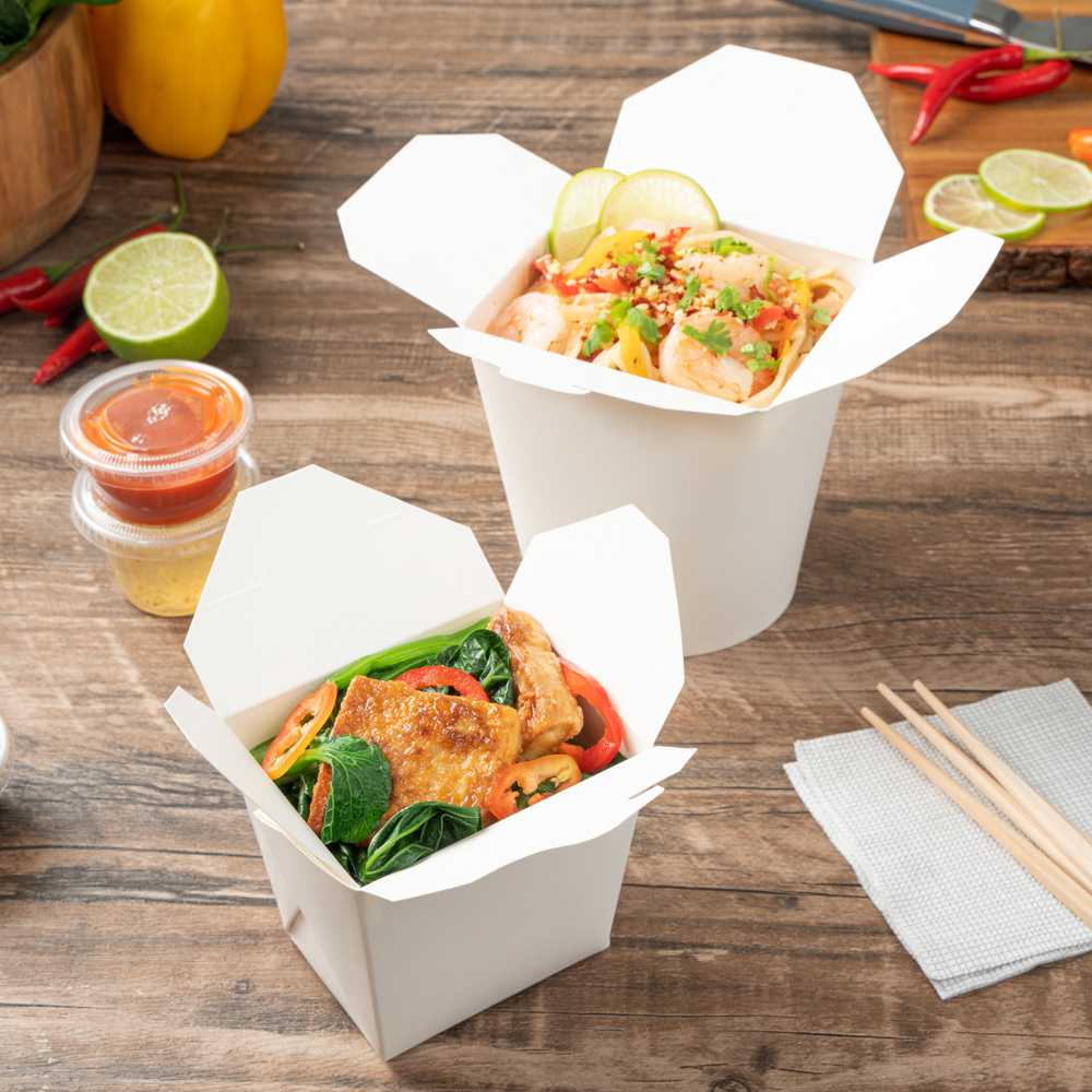 Bio Tek 16 oz Square White Paper Noodle Take Out Container - 3 1/2" x 3" x 3 1/4" - 25 count box