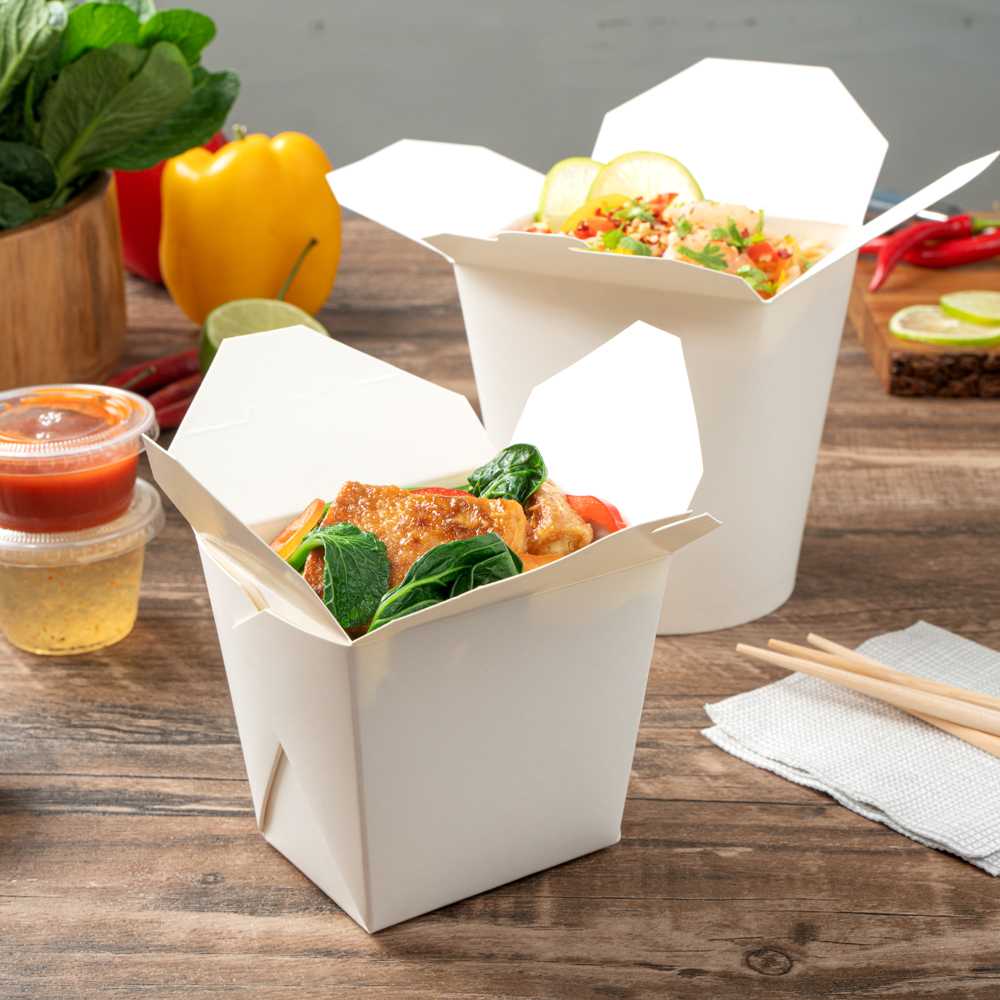 Bio Tek 16 oz Square White Paper Noodle Take Out Container - 3 1/2" x 3" x 3 1/4" - 25 count box