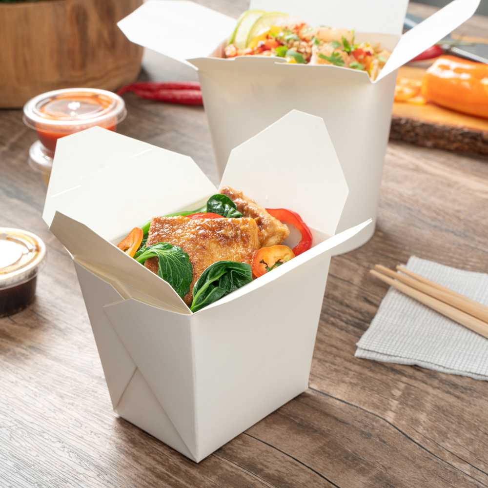 Bio Tek 16 oz Square White Paper Noodle Take Out Container - 3 1/2" x 3" x 3 1/4" - 200 count box