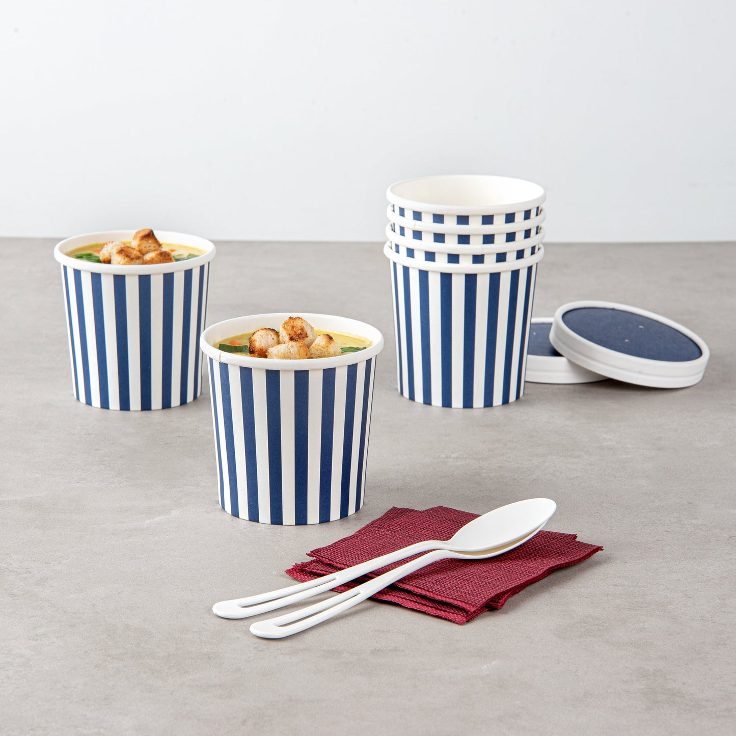 Bio Tek 12 oz Round Blue and White Stripe Paper Soup Container - 3 1/2" x 3 1/2" x 3 1/2" - 25 count box