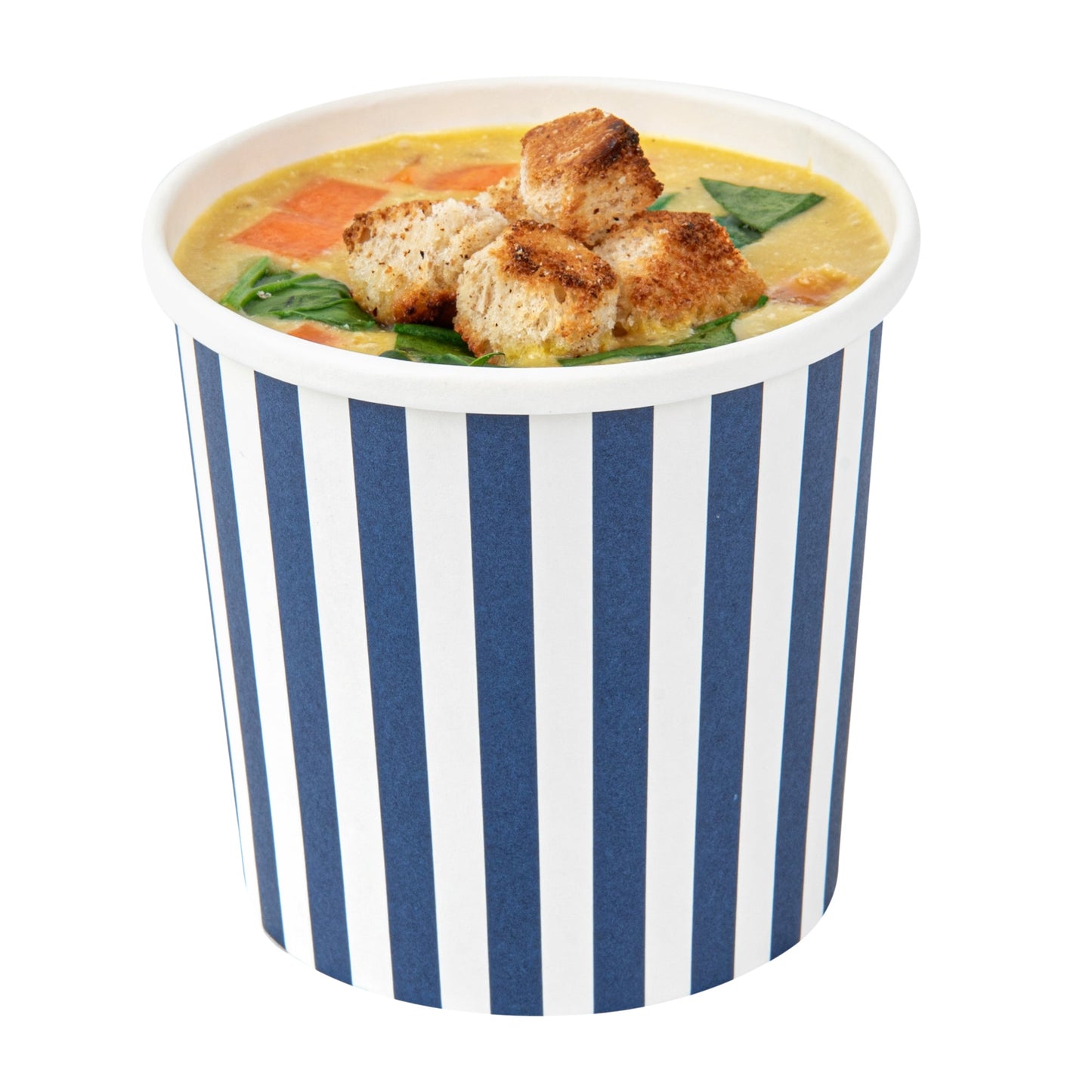 Bio Tek 12 oz Round Blue and White Stripe Paper Soup Container - 3 1/2" x 3 1/2" x 3 1/2" - 25 count box