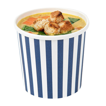 Bio Tek 12 oz Round Blue and White Stripe Paper Soup Container - 3 1/2" x 3 1/2" x 3 1/2" - 25 count box