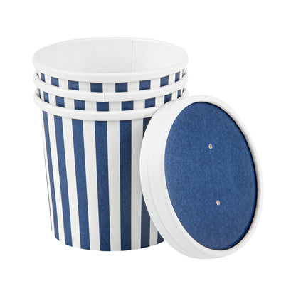 Bio Tek 12 oz Round Blue and White Stripe Paper Soup Container - 3 1/2" x 3 1/2" x 3 1/2" - 25 count box