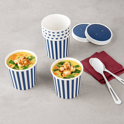 Bio Tek 12 oz Round Blue and White Stripe Paper Soup Container - 3 1/2" x 3 1/2" x 3 1/2" - 25 count box