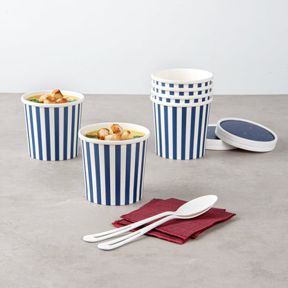Bio Tek 12 oz Round Blue and White Stripe Paper Soup Container - 3 1/2" x 3 1/2" x 3 1/2" - 200 count box