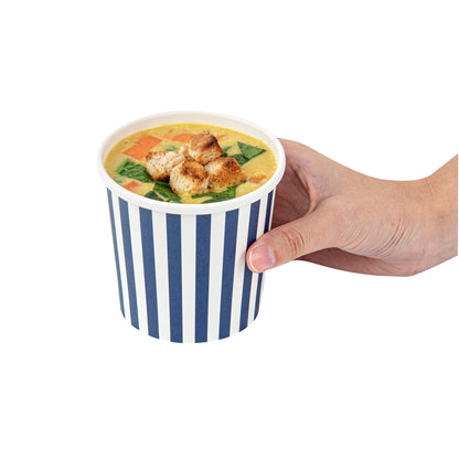 Bio Tek 12 oz Round Blue and White Stripe Paper Soup Container - 3 1/2" x 3 1/2" x 3 1/2" - 200 count box