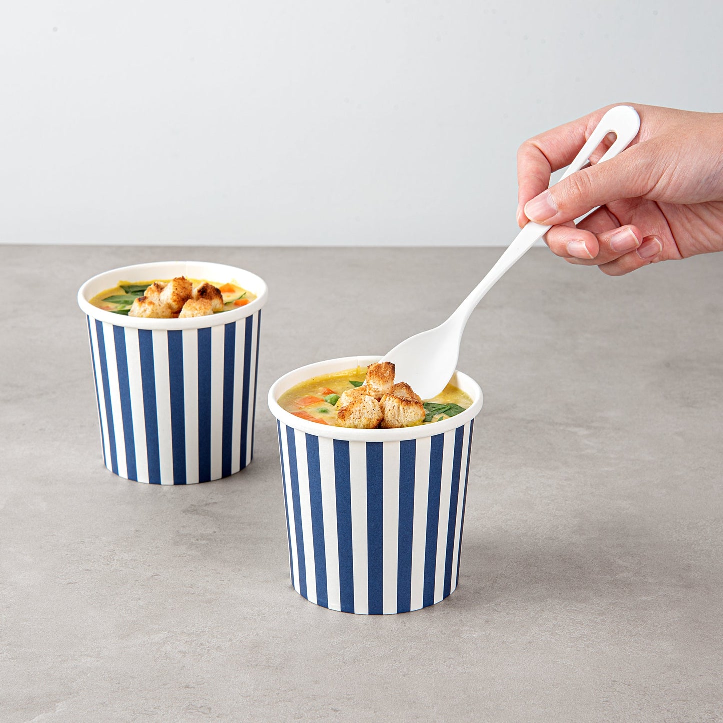 Bio Tek 12 oz Round Blue and White Stripe Paper Soup Container - 3 1/2" x 3 1/2" x 3 1/2" - 200 count box