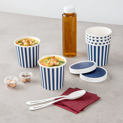 Bio Tek 12 oz Round Blue and White Stripe Paper Soup Container - 3 1/2" x 3 1/2" x 3 1/2" - 200 count box