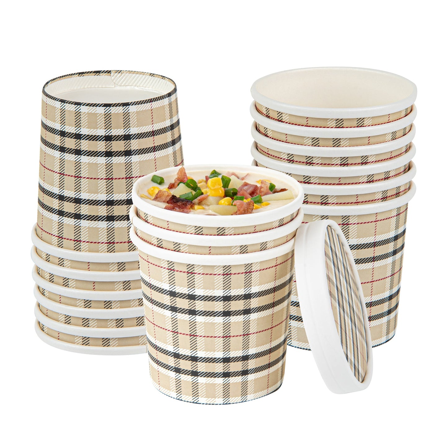 Bio Tek 12 oz Round Plaid Paper Soup Container - 3 1/2" x 3 1/2" x 3 1/2" - 25 count box