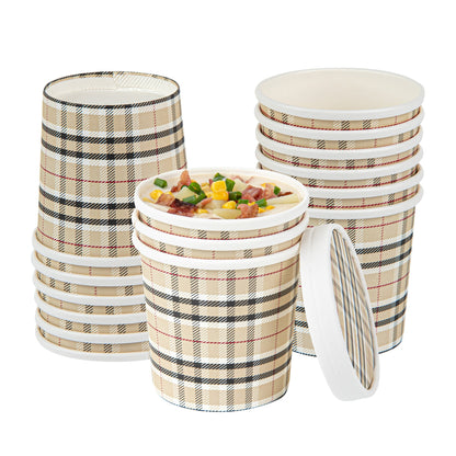 Bio Tek 12 oz Round Plaid Paper Soup Container - 3 1/2" x 3 1/2" x 3 1/2" - 25 count box