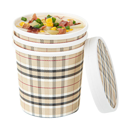 Bio Tek 12 oz Round Plaid Paper Soup Container - 3 1/2" x 3 1/2" x 3 1/2" - 25 count box