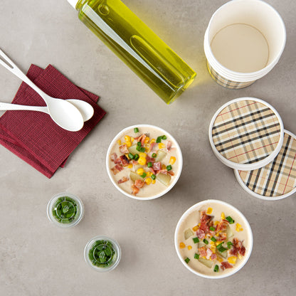 Bio Tek 12 oz Round Plaid Paper Soup Container - 3 1/2" x 3 1/2" x 3 1/2" - 25 count box