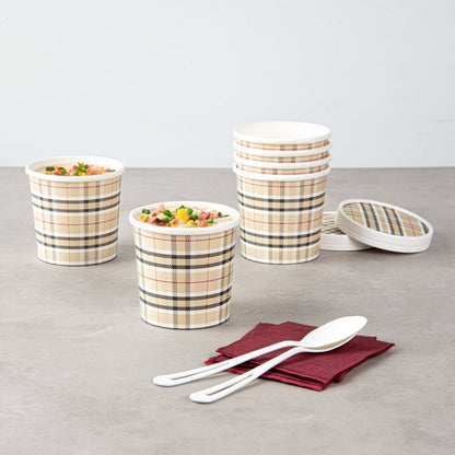 Bio Tek 12 oz Round Plaid Paper Soup Container - 3 1/2" x 3 1/2" x 3 1/2" - 200 count box