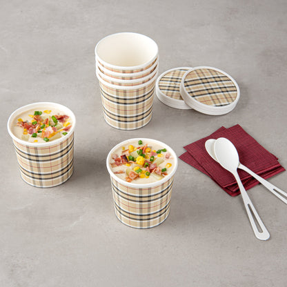 Bio Tek 12 oz Round Plaid Paper Soup Container - 3 1/2" x 3 1/2" x 3 1/2" - 200 count box