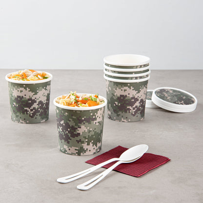 Bio Tek 12 oz Round Camouflage Paper Soup Container - 3 1/2" x 3 1/2" x 3 1/2" - 25 count box