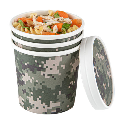 Bio Tek 12 oz Round Camouflage Paper Soup Container - 3 1/2" x 3 1/2" x 3 1/2" - 25 count box