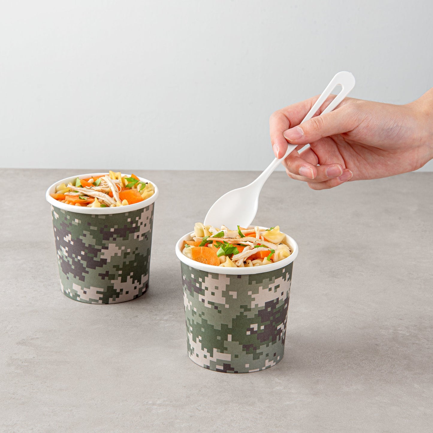 Bio Tek 12 oz Round Camouflage Paper Soup Container - 3 1/2" x 3 1/2" x 3 1/2" - 25 count box