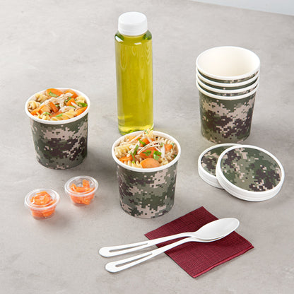 Bio Tek 12 oz Round Camouflage Paper Soup Container - 3 1/2" x 3 1/2" x 3 1/2" - 25 count box