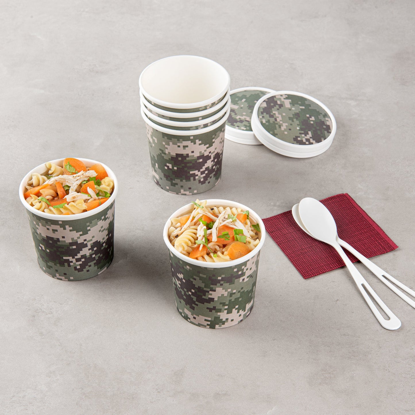 Bio Tek 12 oz Round Camouflage Paper Soup Container - 3 1/2" x 3 1/2" x 3 1/2" - 200 count box