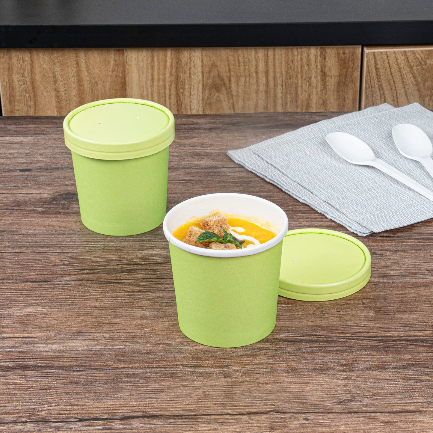 Bio Tek 12 oz Round Eco Green Paper Soup Container - 3 1/2" x 3 1/2" x 3 1/2" - 25 count box