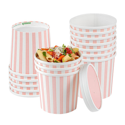 Bio Tek 12 oz Round Pink and White Stripe Paper Soup Container - 3 1/2" x 3 1/2" x 3 1/2" - 25 count box