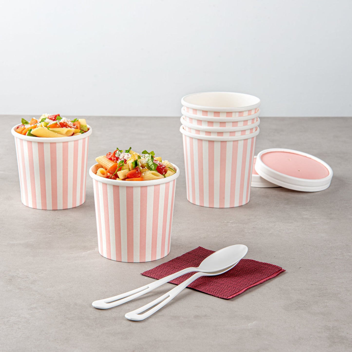Bio Tek 12 oz Round Pink and White Stripe Paper Soup Container - 3 1/2" x 3 1/2" x 3 1/2" - 25 count box