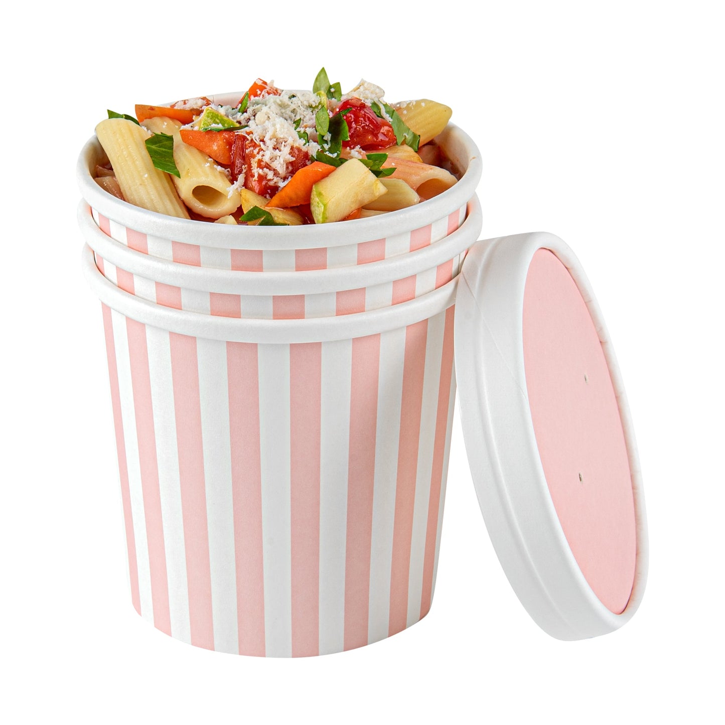 Bio Tek 12 oz Round Pink and White Stripe Paper Soup Container - 3 1/2" x 3 1/2" x 3 1/2" - 25 count box
