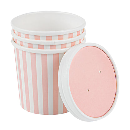 Bio Tek 12 oz Round Pink and White Stripe Paper Soup Container - 3 1/2" x 3 1/2" x 3 1/2" - 25 count box