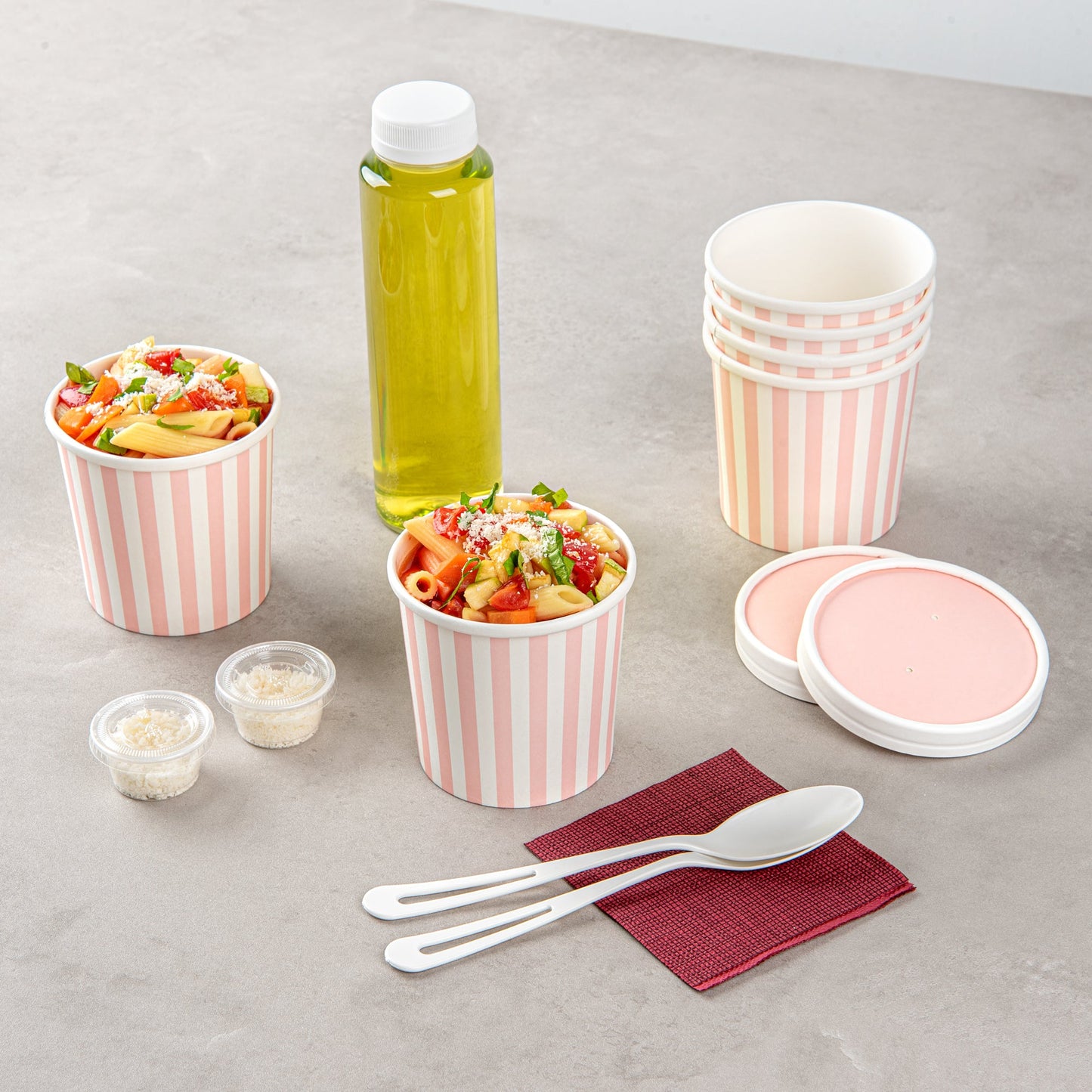 Bio Tek 12 oz Round Pink and White Stripe Paper Soup Container - 3 1/2" x 3 1/2" x 3 1/2" - 25 count box