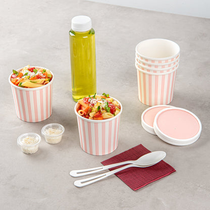 Bio Tek 12 oz Round Pink and White Stripe Paper Soup Container - 3 1/2" x 3 1/2" x 3 1/2" - 25 count box