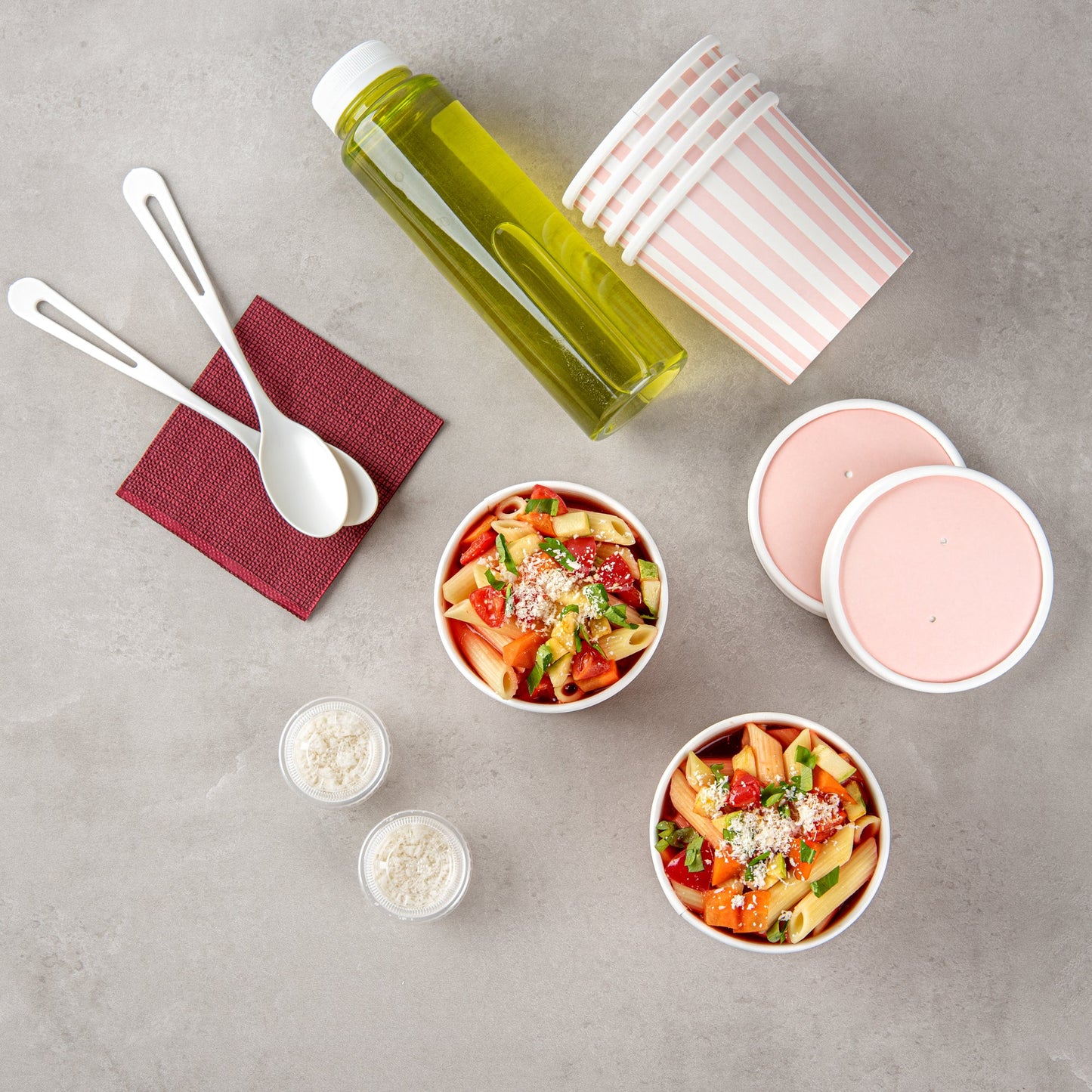 Bio Tek 12 oz Round Pink and White Stripe Paper Soup Container - 3 1/2" x 3 1/2" x 3 1/2" - 25 count box