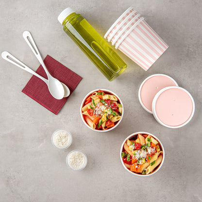 Bio Tek 12 oz Round Pink and White Stripe Paper Soup Container - 3 1/2" x 3 1/2" x 3 1/2" - 25 count box
