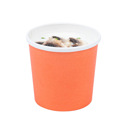 Bio Tek 12 oz Round Tangerine Orange Paper Soup Container - 3 1/2" x 3 1/2" x 3 1/2" - 25 count box