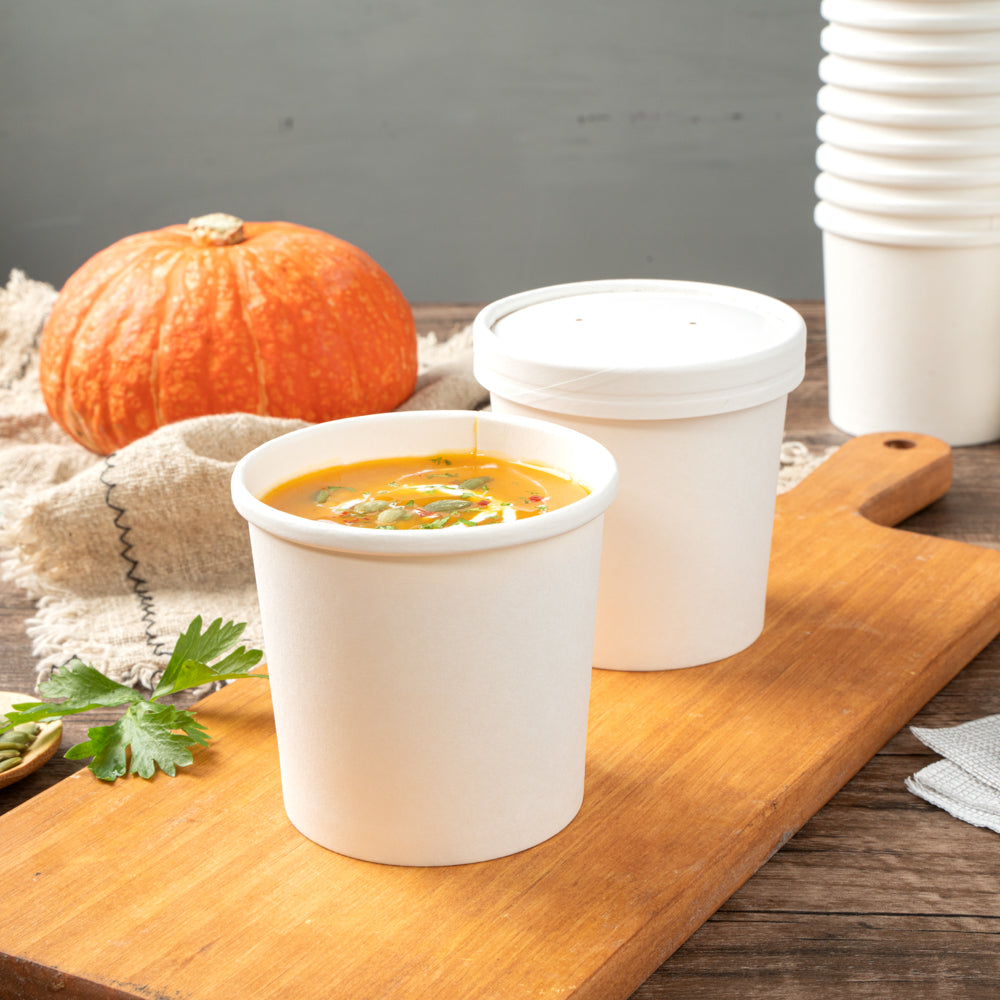 Bio Tek 12 oz Round White Paper Soup Container - 3 1/2" x 3 1/2" x 3 1/2" - 25 count box