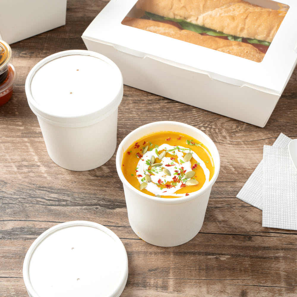 Bio Tek 12 oz Round White Paper Soup Container - 3 1/2" x 3 1/2" x 3 1/2" - 25 count box