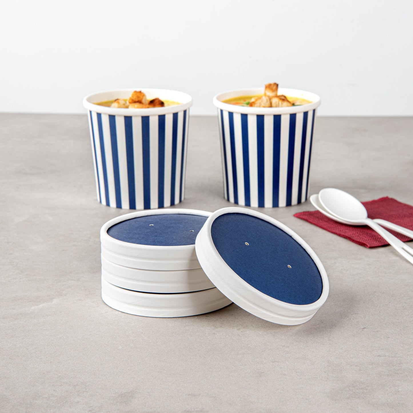 Bio Tek Round Blue and White Stripe Paper Soup Container Lid - Fits 12 oz - 25 count box