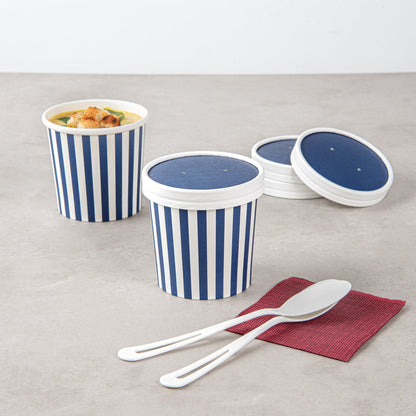Bio Tek Round Blue and White Stripe Paper Soup Container Lid - Fits 12 oz - 25 count box