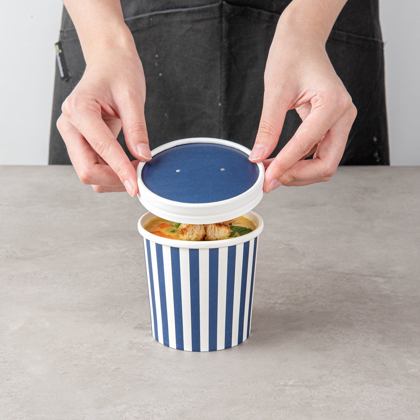 Bio Tek Round Blue and White Stripe Paper Soup Container Lid - Fits 12 oz - 25 count box