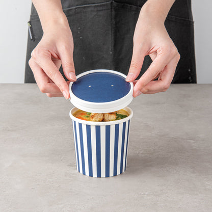 Bio Tek Round Blue and White Stripe Paper Soup Container Lid - Fits 12 oz - 200 count box